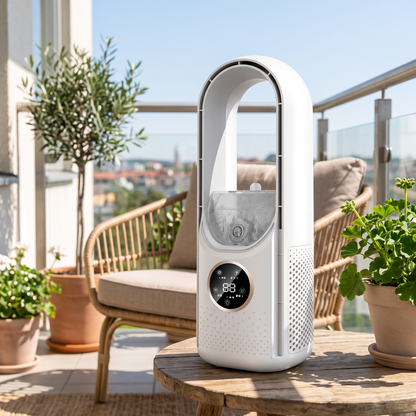 Oplaadbare tafelventilator bladloos draadloos op balkon