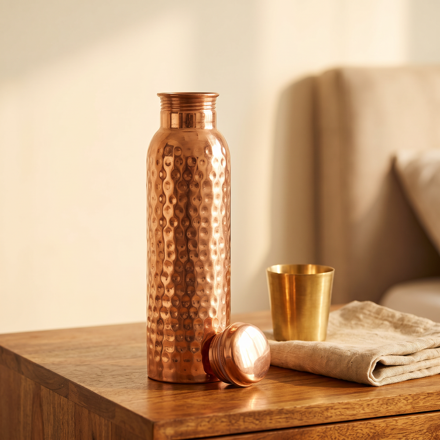 Ayurveda waterfles koper 800ML gehamerd op nachtkastje