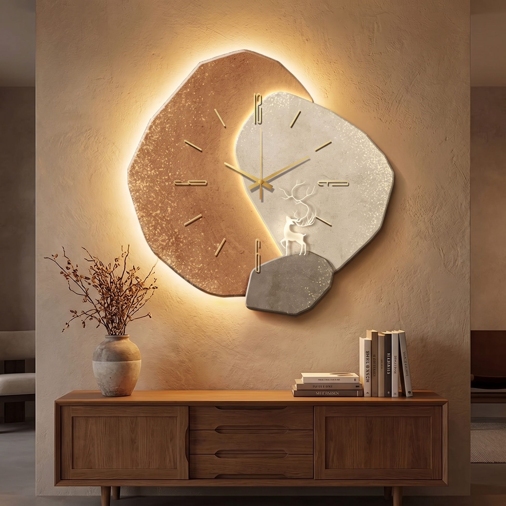 Houten wandklok woonkamer met LED achtergrondverlichting