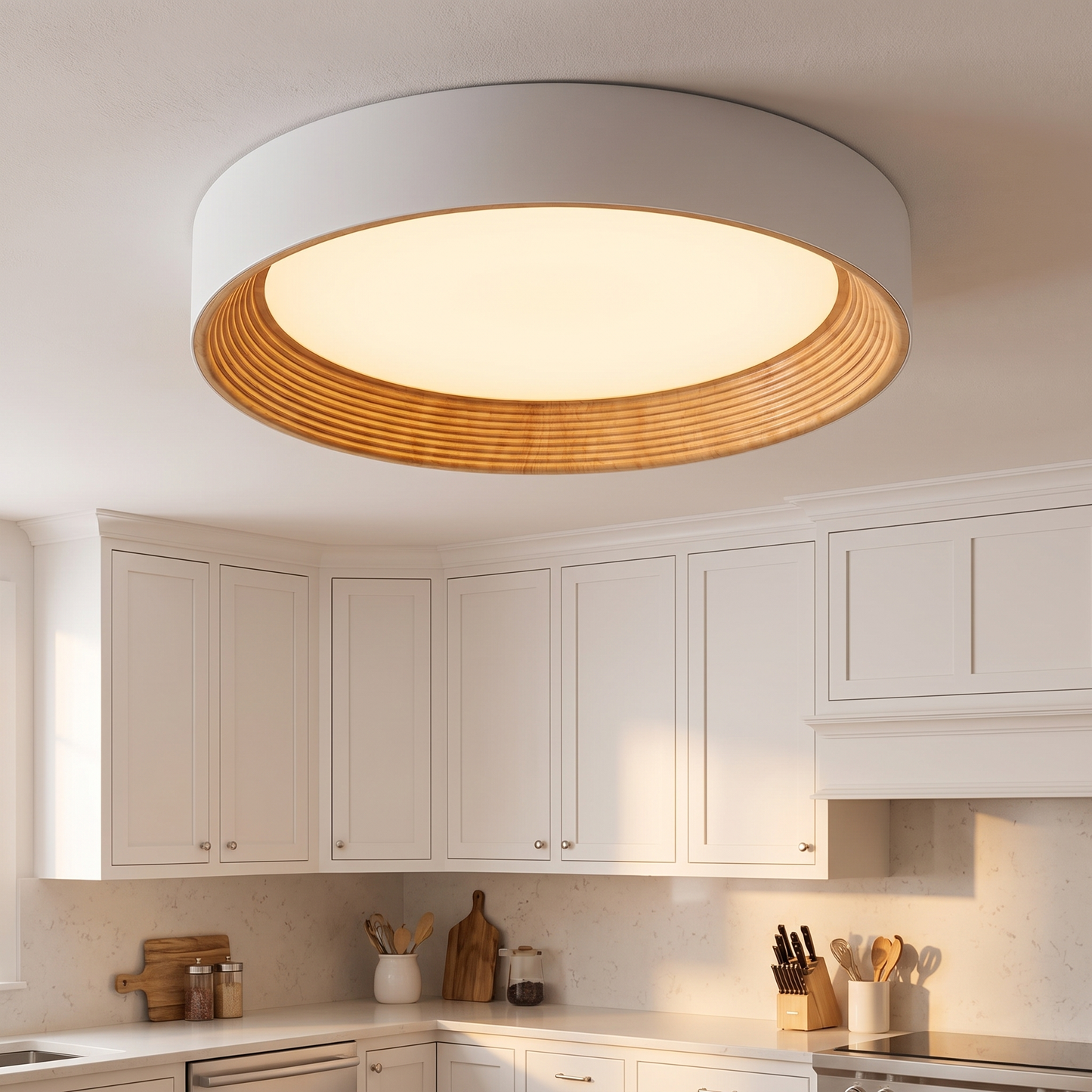 LED plafondlamp rond met houten rand in een keuken