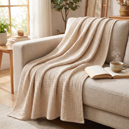 Katoenen zomerdeken mousseline plaid over een bank