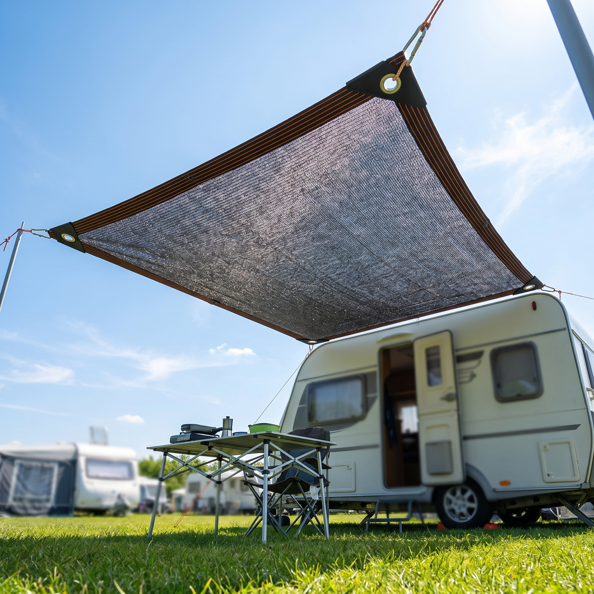 Schaduwdoek van HDPE gespannen boven een kampeerplek bij een caravan