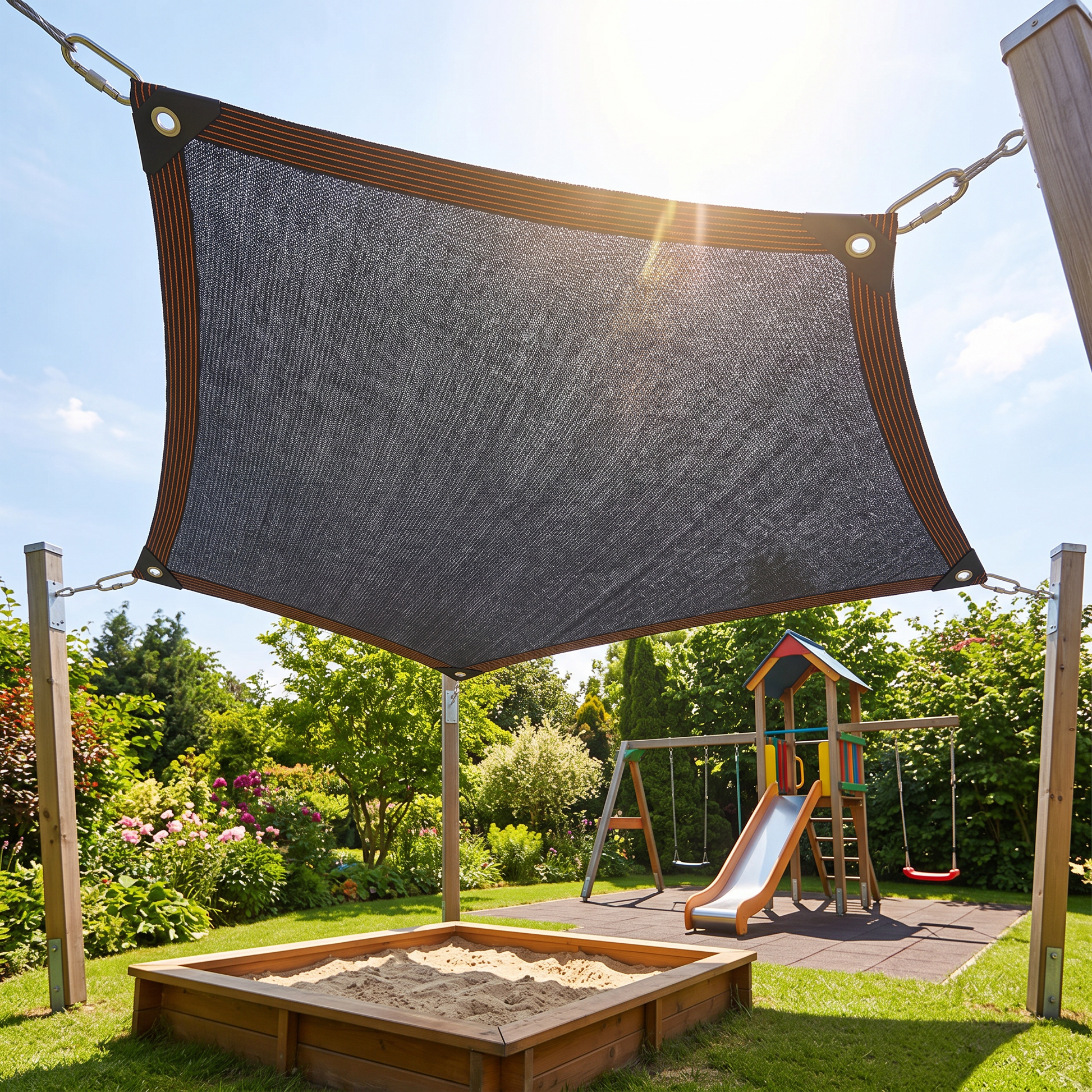 Schaduwdoek van HDPE gespannen boven een zandbak en speelhoek in de tuin
