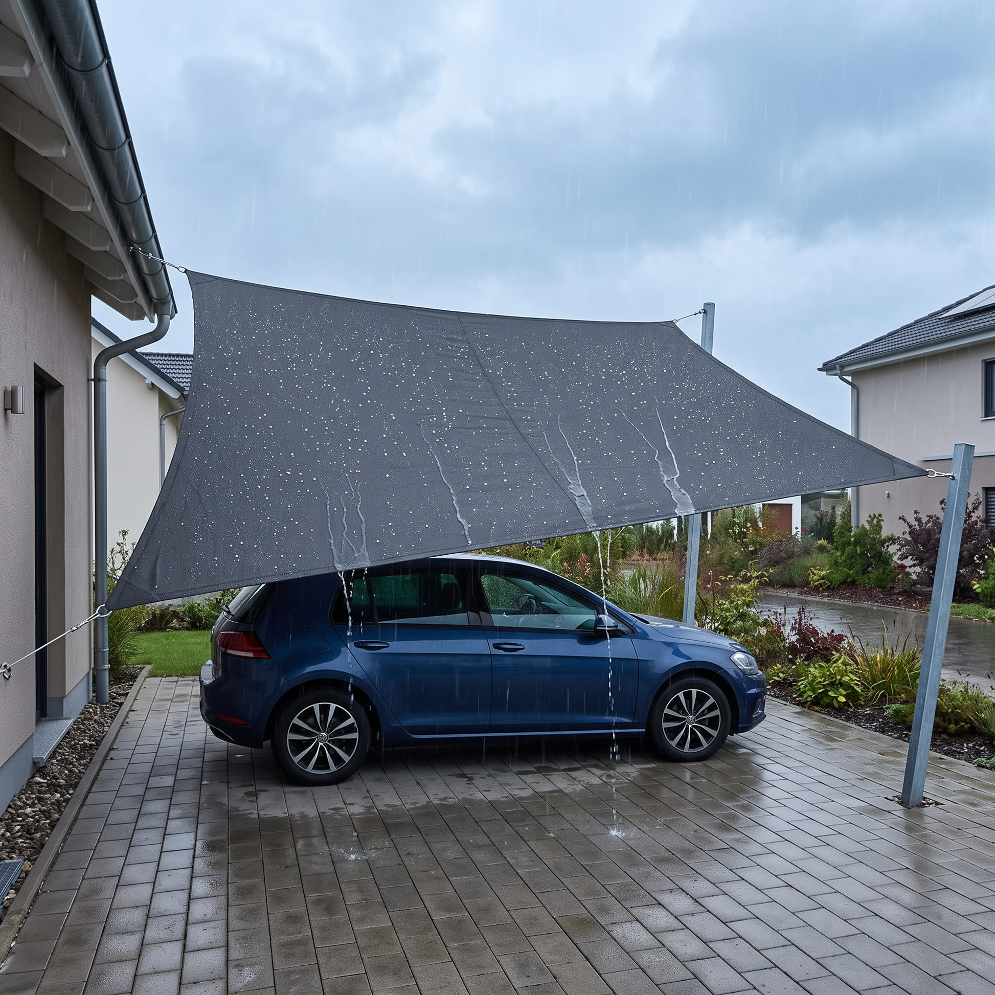 Waterdicht schaduwdoek gespannen als carport boven een oprit met auto