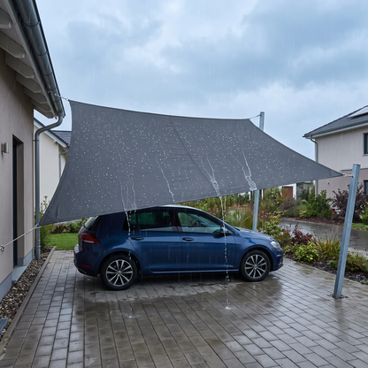 Waterdicht schaduwdoek gespannen als carport boven een oprit met auto
