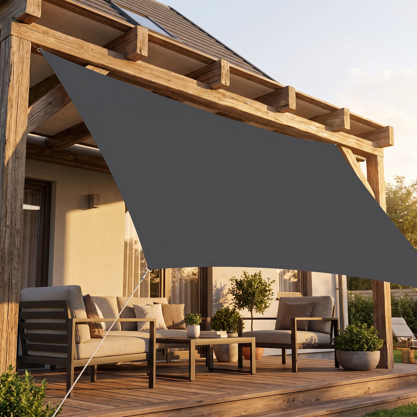 Waterdicht schaduwdoek gespannen over een houten pergola met veranda