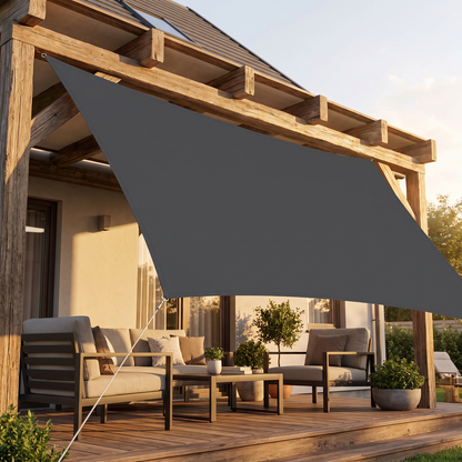 Waterdicht schaduwdoek gespannen over een houten pergola met veranda