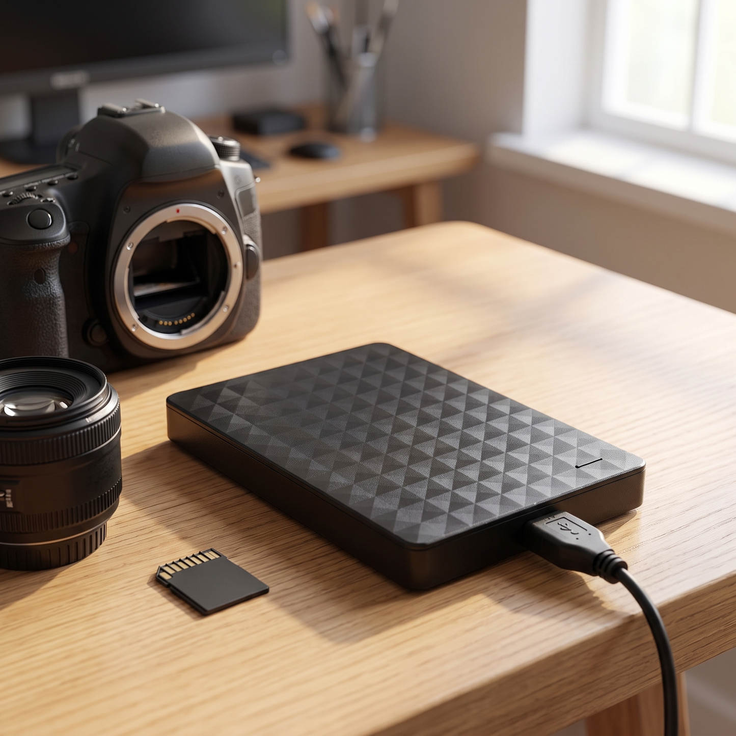 Compacte externe harde schijf van 10 TB op een bureau naast een camera en lens