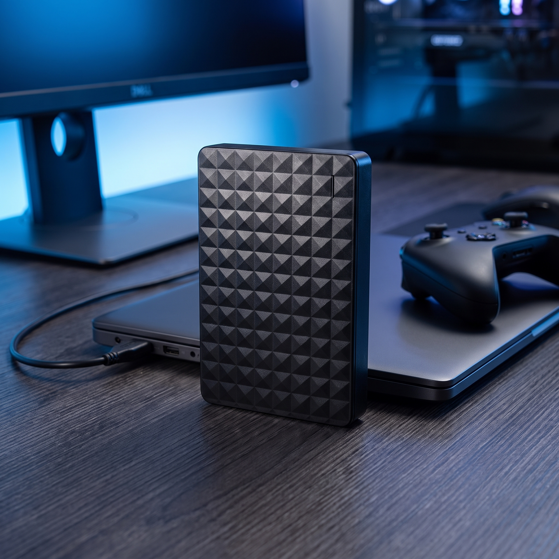 Compacte externe harde schijf van 10 TB op een bureau naast een laptop en een gamecontroller