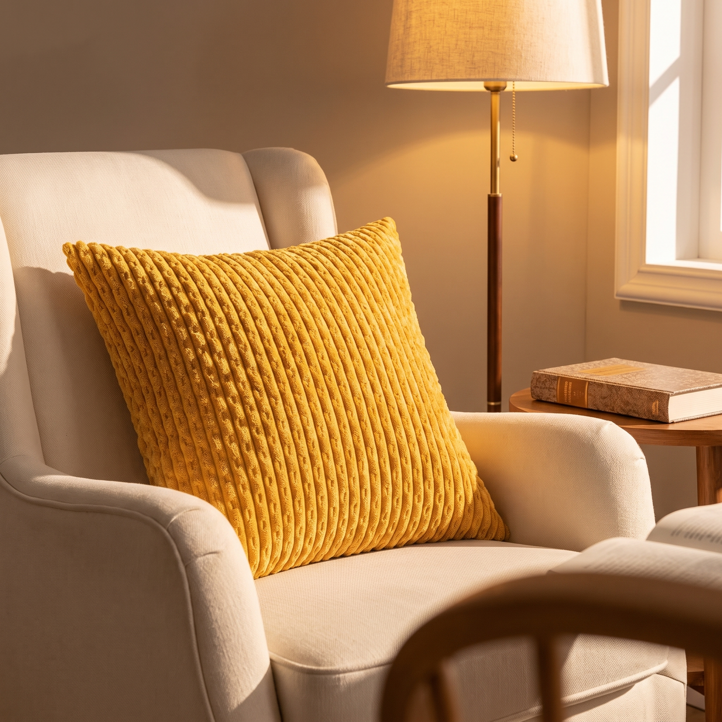 Ribfluwelen sierkussen van 45x45 cm in een fauteuil in een leeshoek