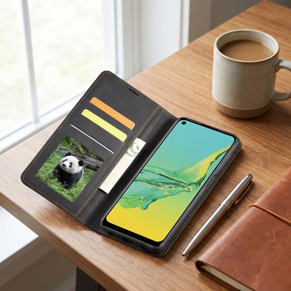 Magnetische leren Samsung telefoonhoes met pasjeshouder op een bureau