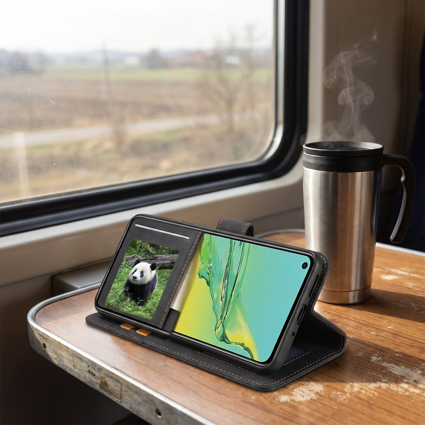 Magnetische leren Samsung klaphoes opgezet als standaard op een treintafel