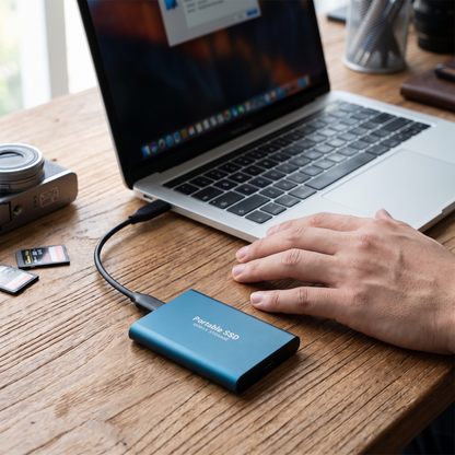 Externe SSD USB-C op bureau naast laptop