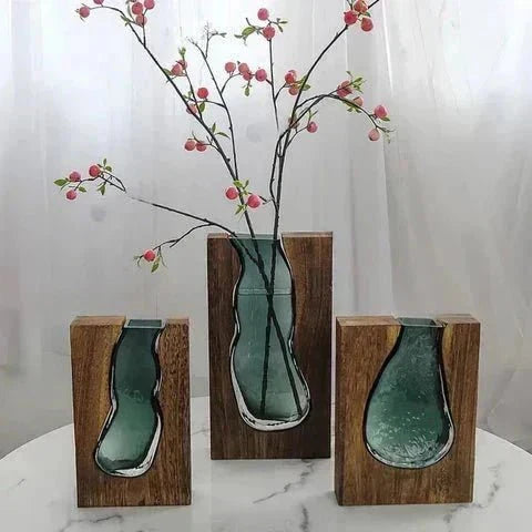 Houten Vaas Met Glazen Inzet Voor Bloemen En Woondecoratie