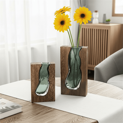 Houten Vaas Met Glazen Inzet Voor Bloemen En Woondecoratie