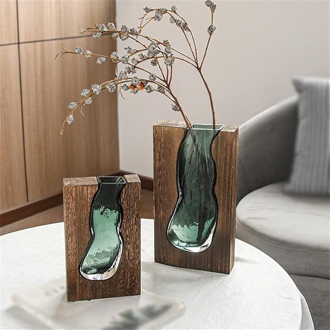 Houten Vaas Met Glazen Inzet Voor Bloemen En Woondecoratie