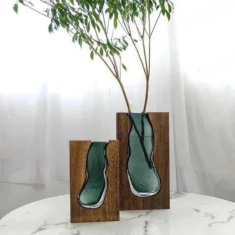 Houten Vaas Met Glazen Inzet Voor Bloemen En Woondecoratie