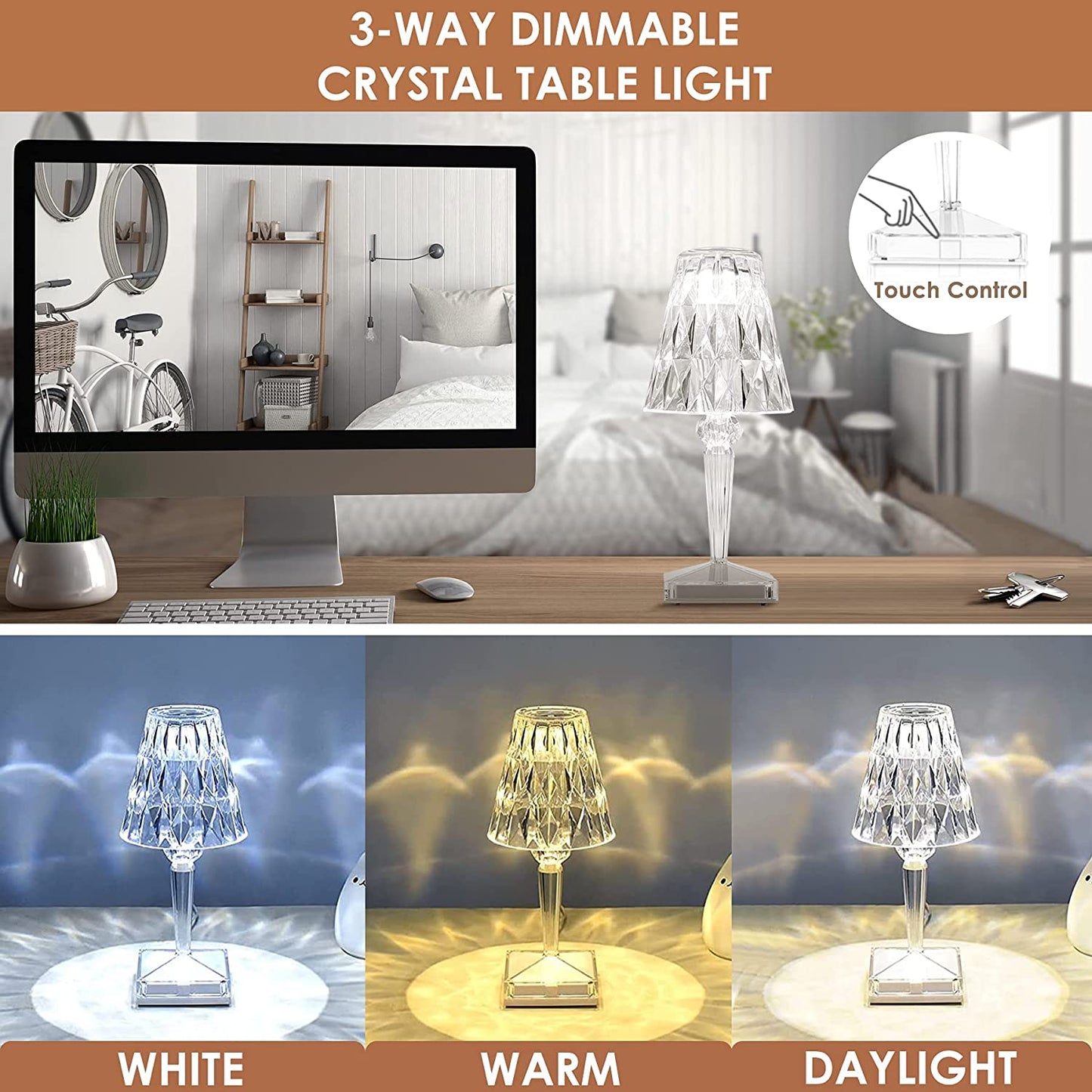 Kristallen Tafellamp Led Diamant Draadloos Oplaadbaar Touch Dimbaar Sfeerverlichting Woonkamer Slaapkamer