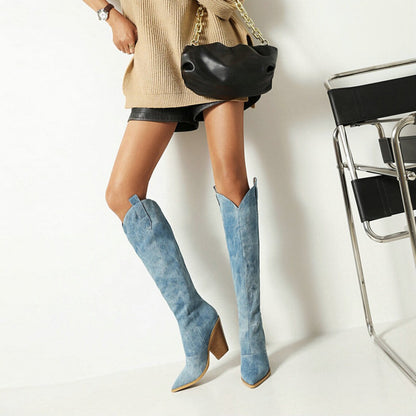 Cowboylaarzen Vrouw Blauw Denim Leer Western Stijl