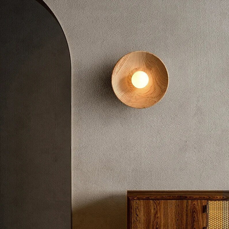 Japandi Wandlamp Hout Glas Rond Retro Vintage 27cm Woonkamer Slaapkamer Hal