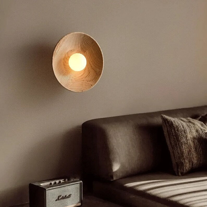 Japandi Wandlamp Hout Glas Rond Retro Vintage 27cm Woonkamer Slaapkamer Hal