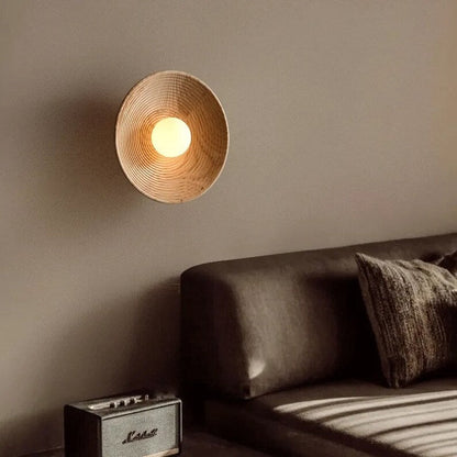 Japandi Wandlamp Hout Glas Rond Retro Vintage 27cm Woonkamer Slaapkamer Hal