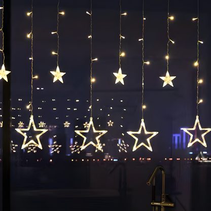 LED Sterrenverlichting Gordijn Warm Wit – 5 Verlichte Sterren met Timerfunctie voor Binnen en Buiten