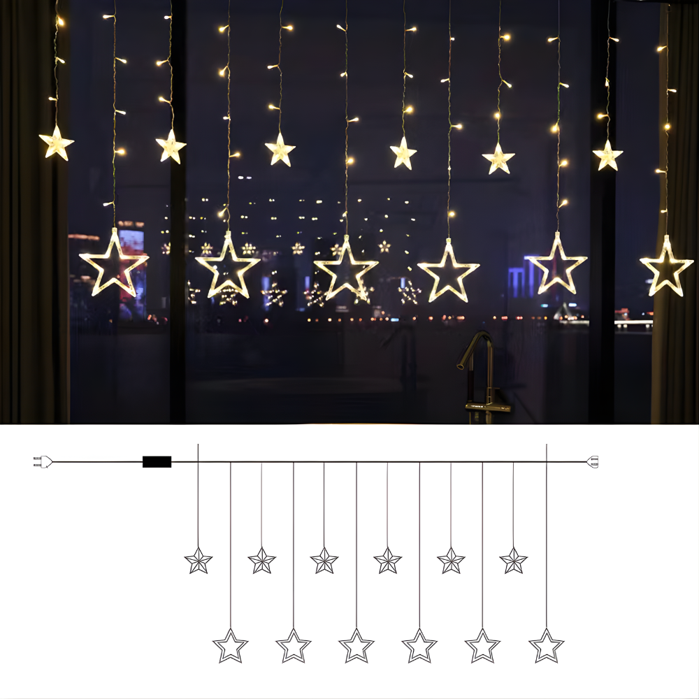 LED Sterrenverlichting Gordijn Warm Wit – 5 Verlichte Sterren met Timerfunctie voor Binnen en Buiten