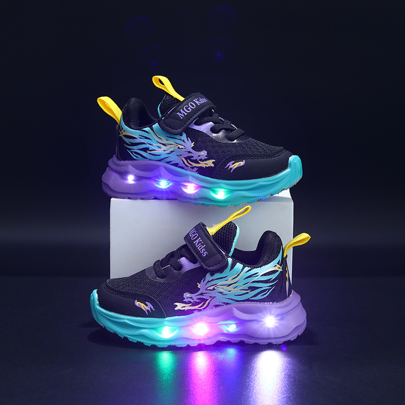 LED kinderschoenen mesh synthetisch zwart blauw klittenband sneakers lichtgevende schoenen kinderen maat 28-34