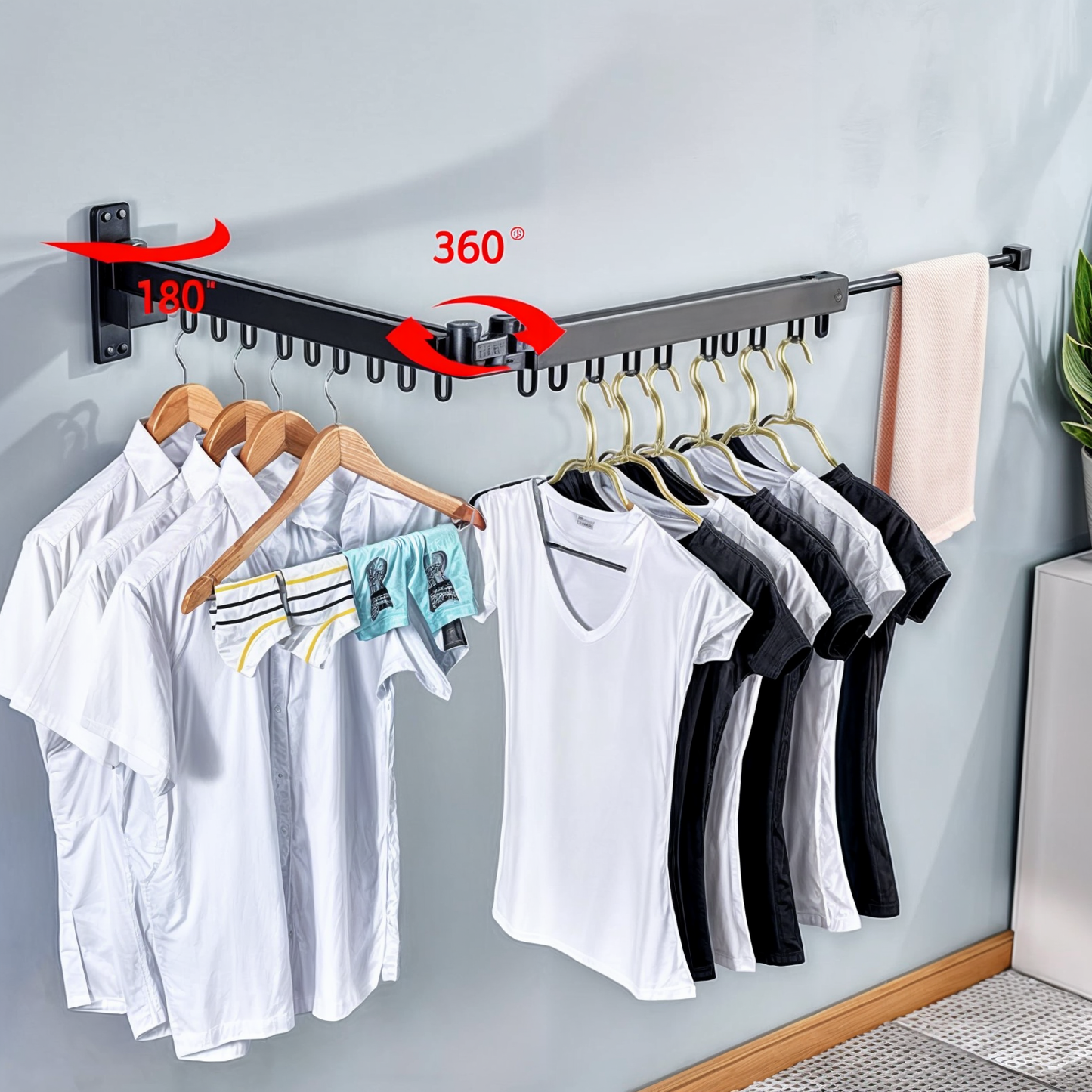 Inklapbaar Wanddroogrek Grijs Aluminium 180° Draaibaar – Ruimtebesparend Waskamerrek voor Kleding & Handdoeken