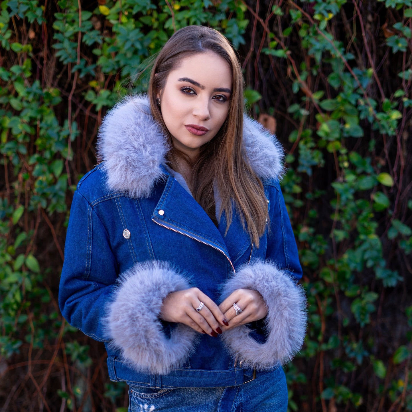 Diana | Denim Jas met Synthetische Bontkraag