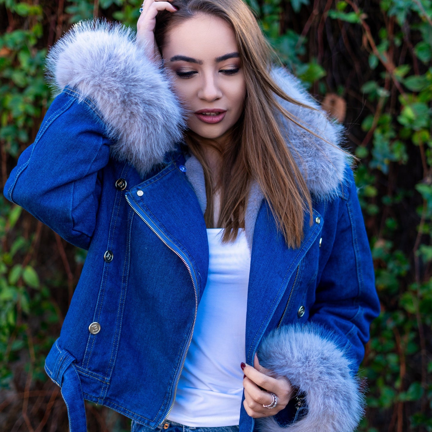 Diana | Denim Jas met Synthetische Bontkraag