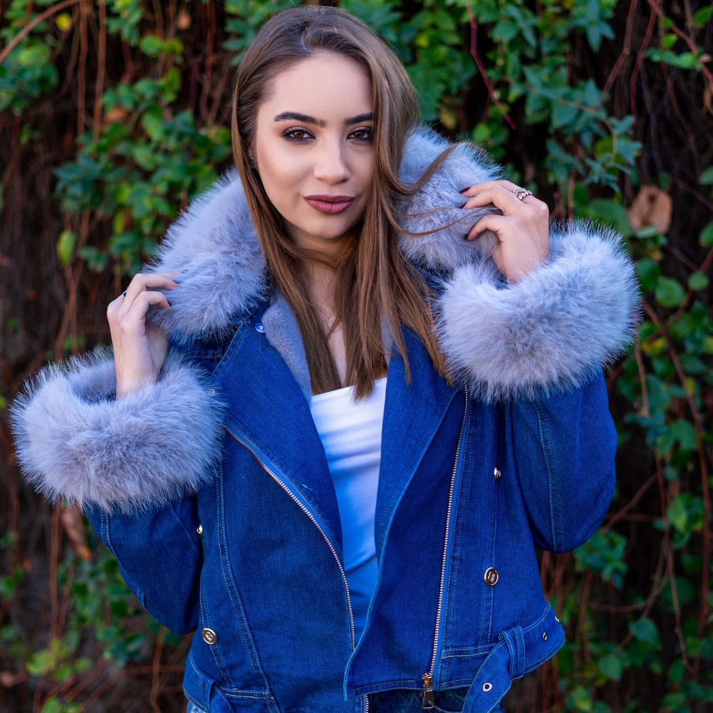 Diana | Denim Jas met Synthetische Bontkraag