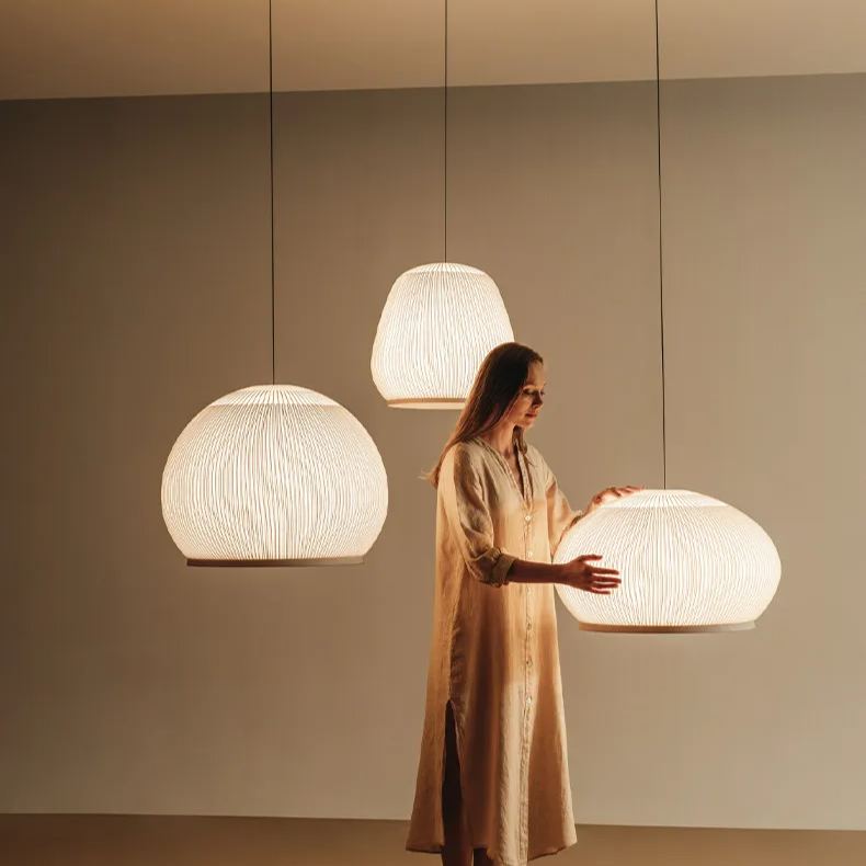 Japandi Hanglamp 3D Lycra 45 cm Beige Eettafel Woonkamer Dimbare LED Hanglamp Scandinavische Verlichting Interieur