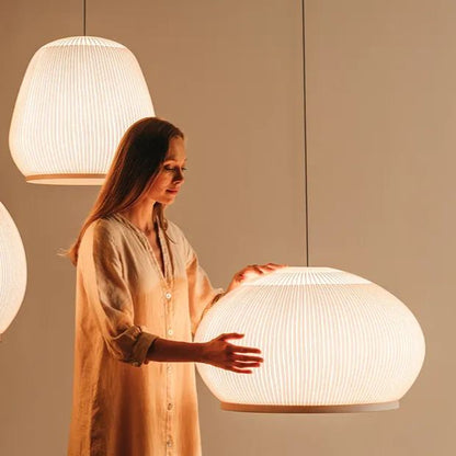 Japandi Hanglamp 3D Lycra 45 cm Beige Eettafel Woonkamer Dimbare LED Hanglamp Scandinavische Verlichting Interieur