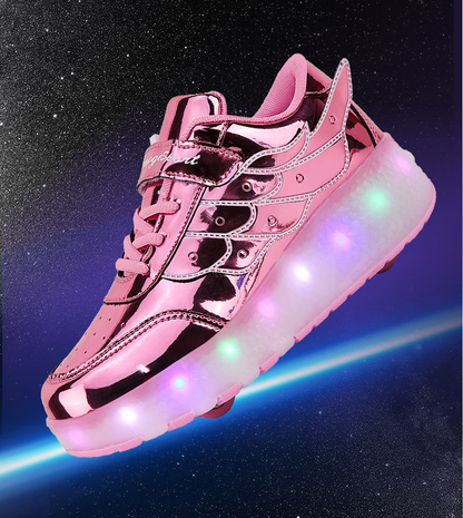 Rolschaats Sneakers USB Oplaadbaar Roze met Vleugels Kinderen Tieners Lichtgevende Skeelerschoenen LED Sneakers met Wielen voor Buiten