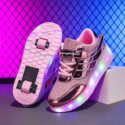 Rolschaats Sneakers USB Oplaadbaar Roze met Vleugels Kinderen Tieners Lichtgevende Skeelerschoenen LED Sneakers met Wielen voor Buiten