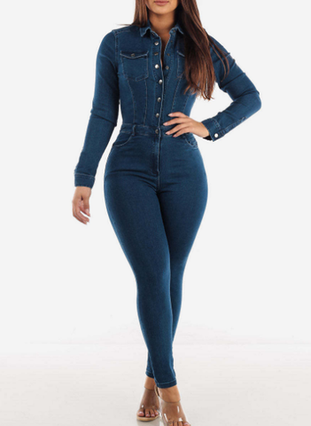Donkergrijze Jumpsuit met Ceintuur en Denim Stof - StudioMarella