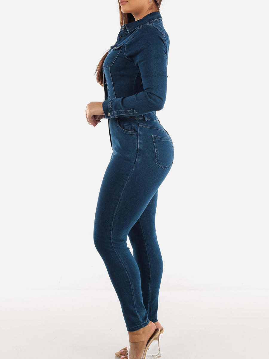 Donkergrijze Jumpsuit met Ceintuur en Denim Stof