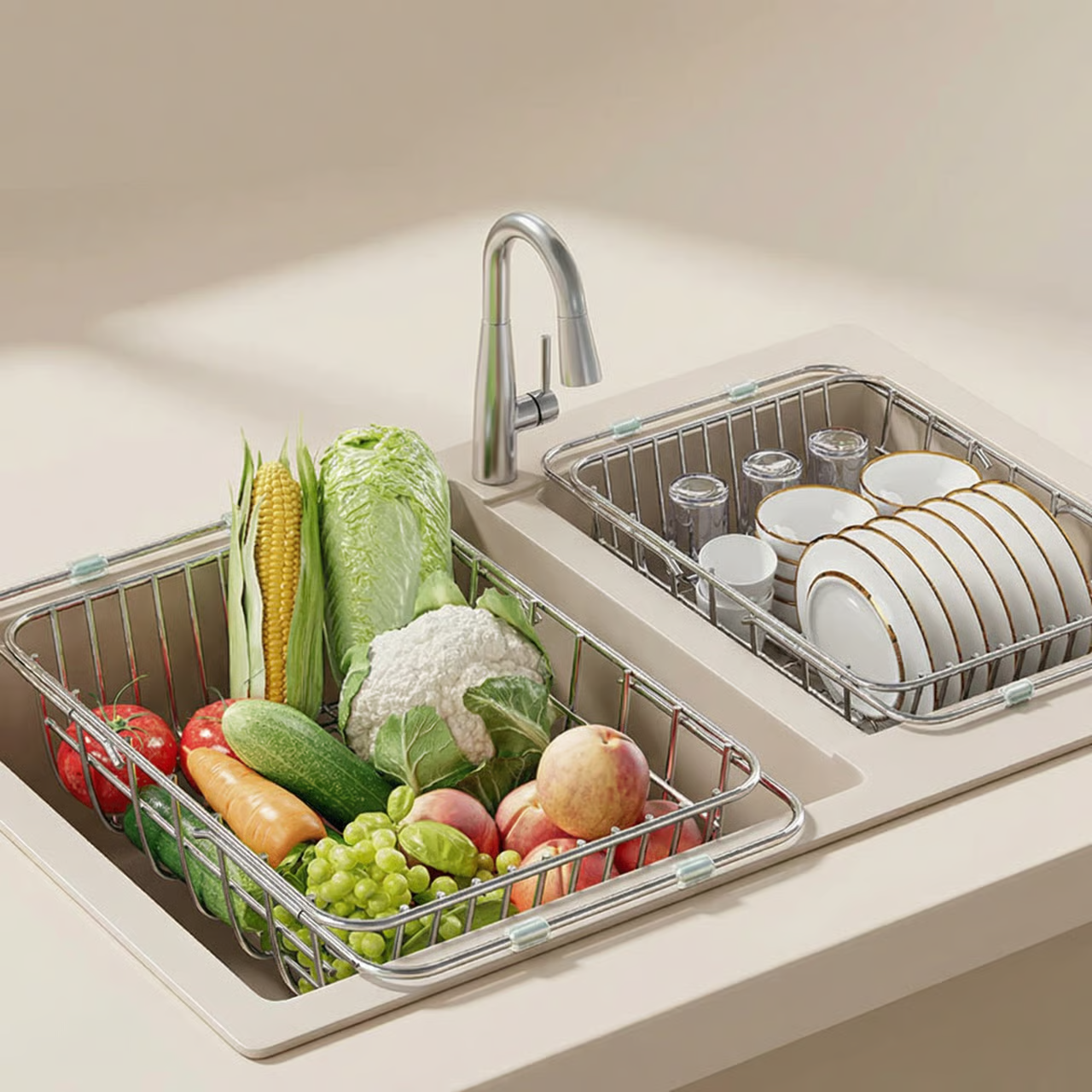Uitschuifbaar Afdruiprek RVS Gootsteen 34-55 cm Verstelbaar Keuken Organizer Groenten Wassen Servies Afgieten Spoelbak