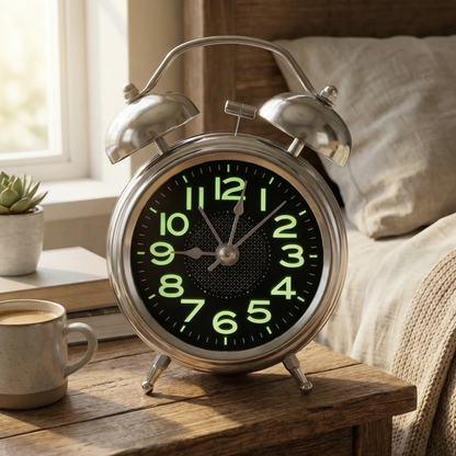 Extra Luide Retro Wekker met Dubbele Bel voor Diepe Slapers – Stille Quartz Beweging & Nachtlampje 10cm