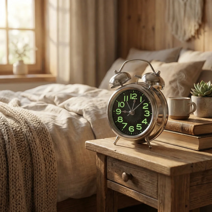 Extra Luide Retro Wekker met Dubbele Bel voor Diepe Slapers – Stille Quartz Beweging & Nachtlampje 10cm