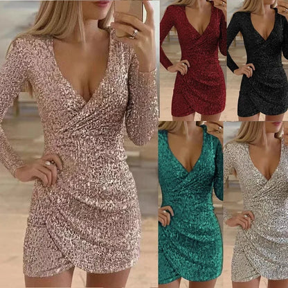 Feestelijke Minijurk Glitter V-Hals Korte Jurk