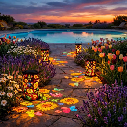 Decoratieve Tuinlantaarn op Zonne-energie met Bloemenpatroon voor Terras en Tuin | Warm & Gekleurd Licht | Sfeerverlichting voor Tuinpad en Balkon