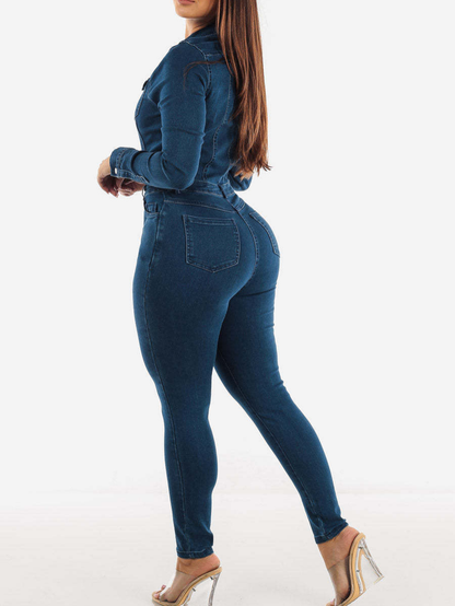 Donkergrijze Jumpsuit met Ceintuur en Denim Stof