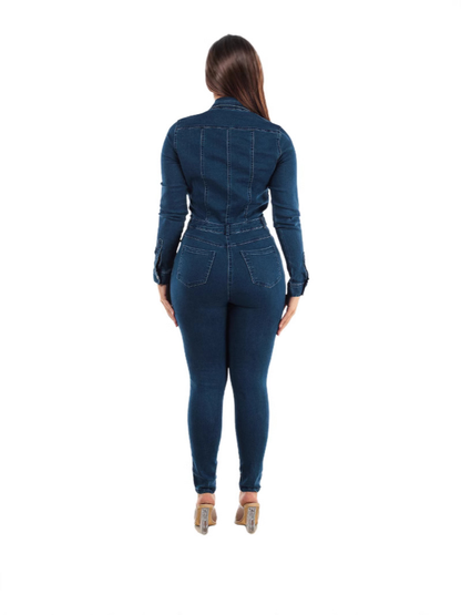 Donkergrijze Jumpsuit met Ceintuur en Denim Stof