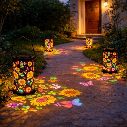 Decoratieve Tuinlantaarn op Zonne-energie met Bloemenpatroon voor Terras en Tuin | Warm & Gekleurd Licht | Sfeerverlichting voor Tuinpad en Balkon