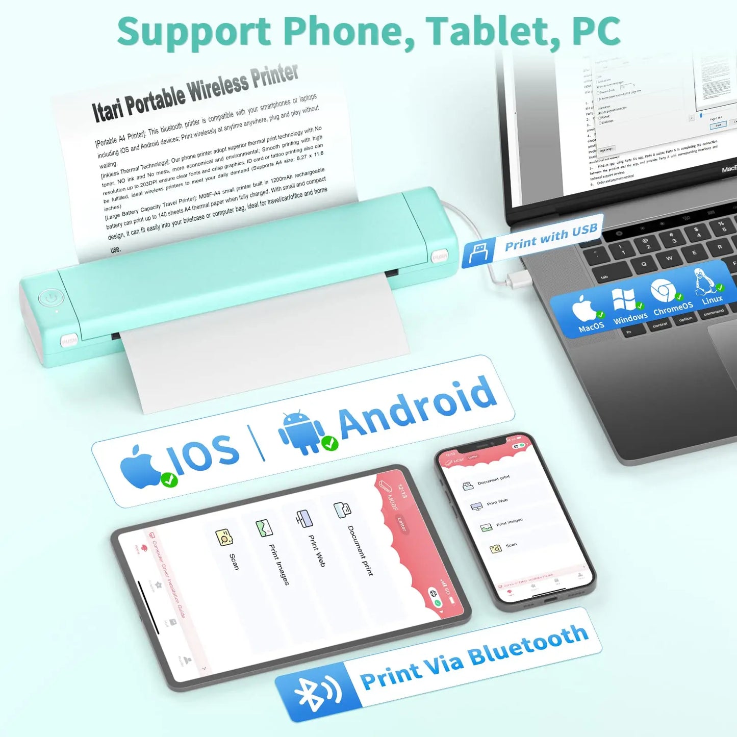 Thermische Printer Bluetooth Draadloos Inkloos Compact MK500 Mobiel Printen