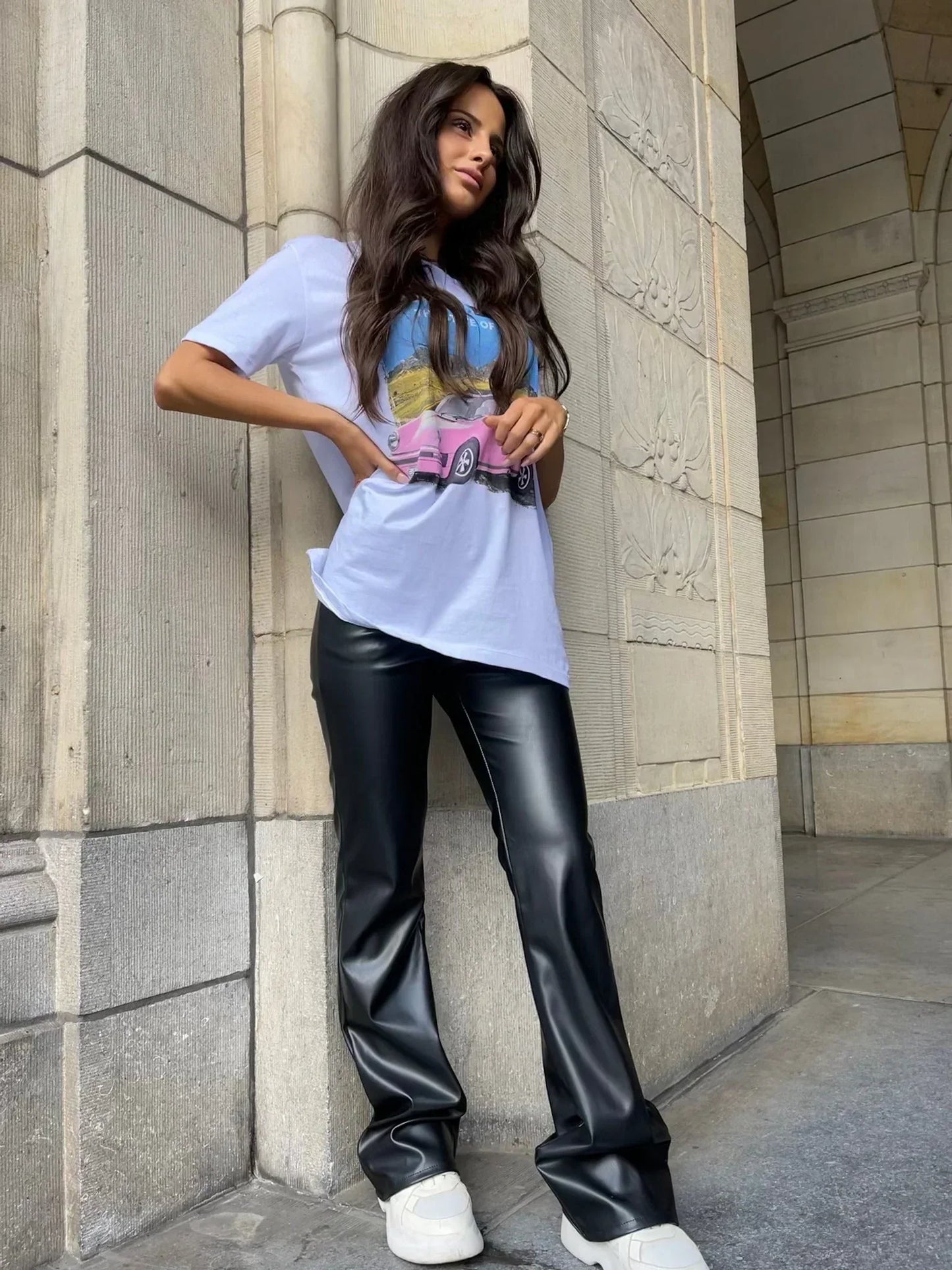 Vegan Leren Broek Hoge Taille Licht Uitlopende Pijpen