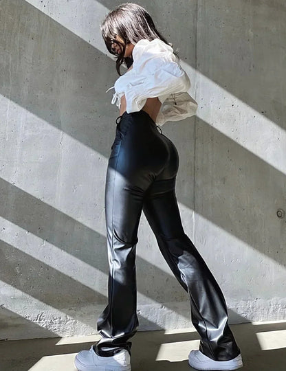 Vegan Leren Broek Hoge Taille Licht Uitlopende Pijpen